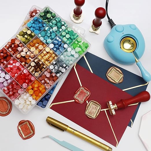 ONWINPOR Frame Wax Stamp Set, 624Pcs Sealing Stamp Beads Kit with Electric Wax Seal Warmer, 3D Embossed Frames Relief Carve Stamps Waxing, Gold Pen, Tweezer (Set02)