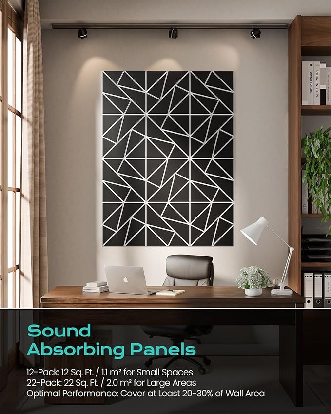 22-Pack Felt Acoustic Panels,12"x12"x0.4" Soundproof Wall Panels, Peel & Stick Sound Proof Foam Panels for Walls, Geometric Noise Reduction Panels for Home Office,Studio (Black on White)