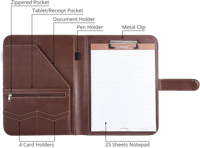 Leather Portfolio Notebook with Folder, Storage Clipboard with Cover for Legal Pad Holder Letter Size A4 Writing Pad for Business School Office Resume Conference Notepad Clip Boards (Brown)