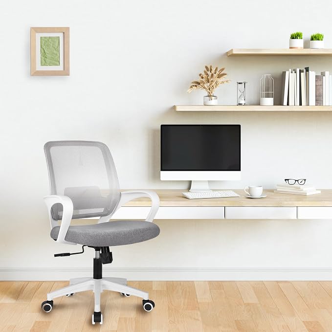 NEO CHAIR Office Desk Ergonomic Computer Mesh Chair with Lumbar Mid Back Support Adjustable Height Swivel Rolling Wheels Comfy Task Vanity Chair for Home Bedroom Study (Grey)