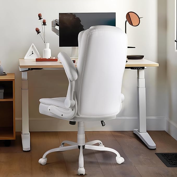 Ergonomic Office Chair with Flip-up Armrests, Big and Tall Leather Executive Office Chair, High Back Lumbar Support Home Computer Desk Chair, Heavy and Duty Computer Chair (White)