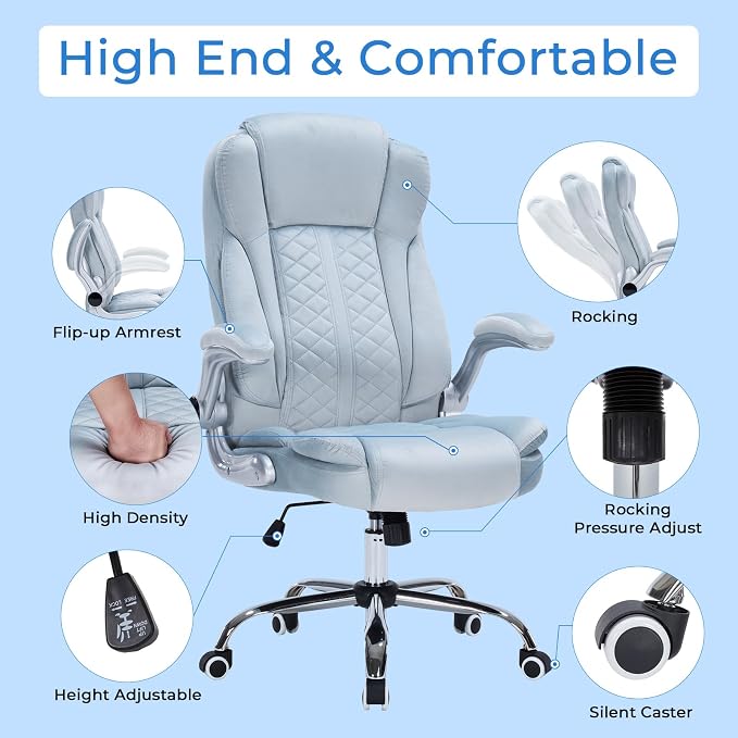 400lbs Executive Office Chair with Flip-Up Armrests, Big and Tall Computer Chair for Heavy People, Heavy Duty Ergonomic Comfy Chair, Breathable Plush Velvet (Blue)