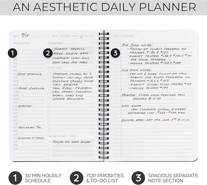 Beautiful Daily Planner And Notebook With Hourly Schedule - Aesthetic Spiral To do List Notepad to Easily Organize Your Tasks And Appointments - Stylish Book And School Or Office Supplies For Women
