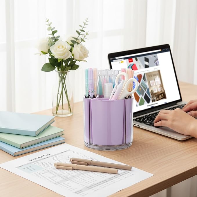 Comix 360° Rotating Pen Holder for Desk, Purple Pencil Holder with 5 Slots | Expandable Capacity, Acrylic Pen Organizer Easy to Clean, Cute Pencil Cup for Home School Office Art Supplies