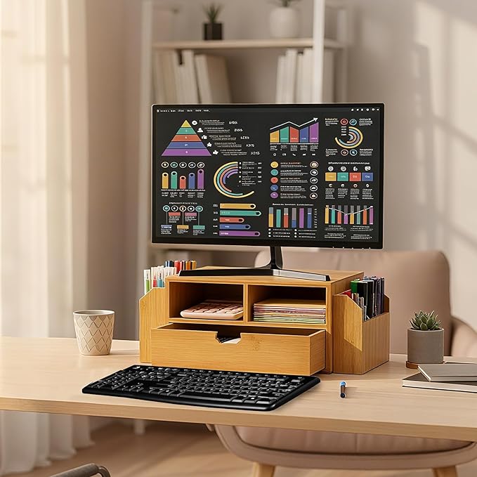 Hiceeden 2 Tier Bamboo Desktop Organizer, Desk Monitor Stand Riser with 1 Drawer and 2 Pen Holder, 2 Compartment Computer Desk Storage Organizer for Laptop, Printer