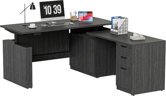 66.93" L Shaped Executive Standing Desk with Pre-Assembled Frame & Lockable Cabinets, Fixed Right-Facing Design, Dual-Motor Height Adjustable Sit-to-Stand Desk for Corporate & Home Office