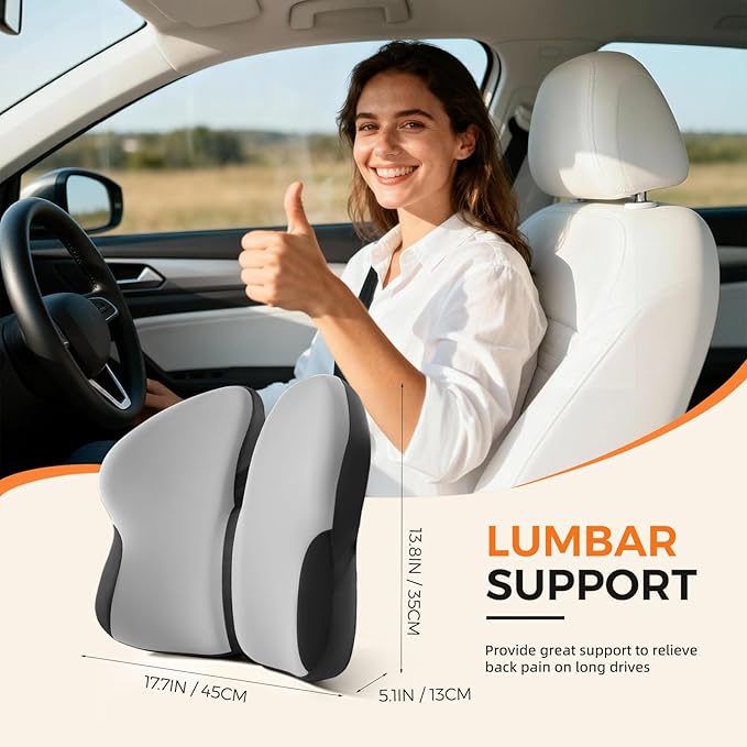 BEBAS Ergonomic Lumbar Support Pillow for Car, Memory Foam Back Support for Lower Back Pain Relief, Comfort Lumbar Cushion for Driving, Fixed Ring Lumbar Pillow for Car Seat, Office Chair -Gray