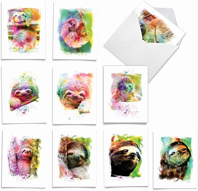 The Best Card Company Animal Assorted Watercolor Blank Greeting Card Box Set - Incl. 10Unique Notecards Designs + Envelopes, Thank You, Invitations- Funky Rainbow Sloth AM6866OCB-B1x10