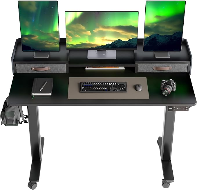 Claiks Standing Desk with Drawers & Wheels, 2 Height Shelf 55inch Black | 2 height adjust shelf, tabletop drawers, felt fence design, sturdy supports 176 lbs, 4 wheels, 2 tire monitor stand