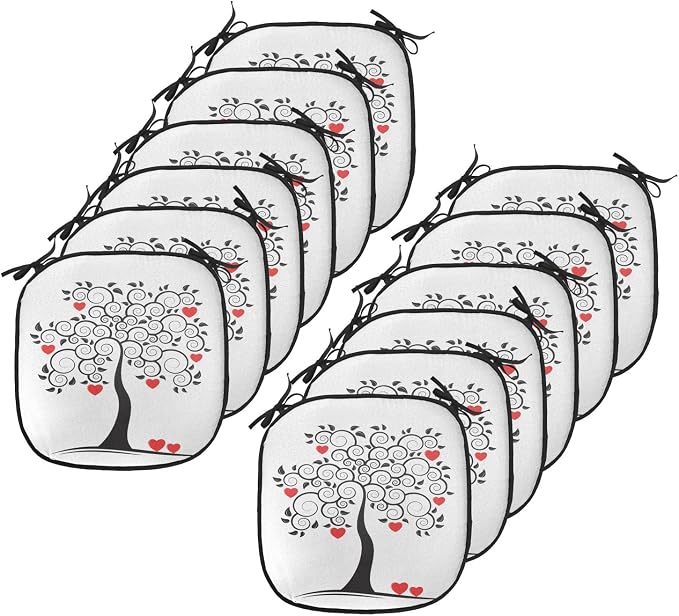 Lunarable Love Chair Cushion Pads Set 12, Abstract Heart Tree Floral Leaves Spring Swirl Simplicity Creative Illustration, Anti-Slip Seat Padding for Kitchen & Patio, 16"x16", Black White Red
