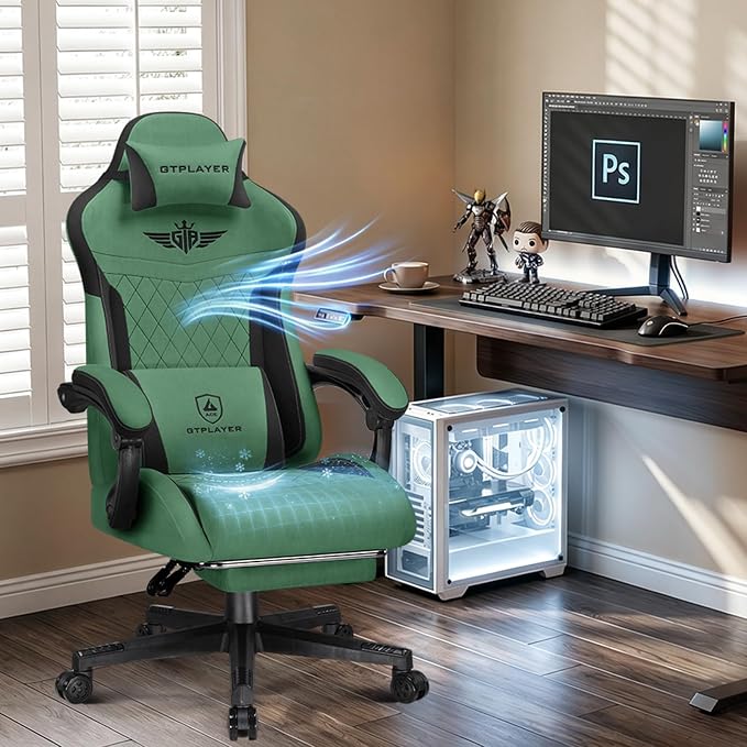 GTPLAYER Gaming Chair with Footrest, Ergonomic Office Chair 400lbs Heavy Duty, Big and Tall Computer Desk Chair with Lumbar Support and Headrest, Breathable Plush Fabric, 90-155° Recline Green