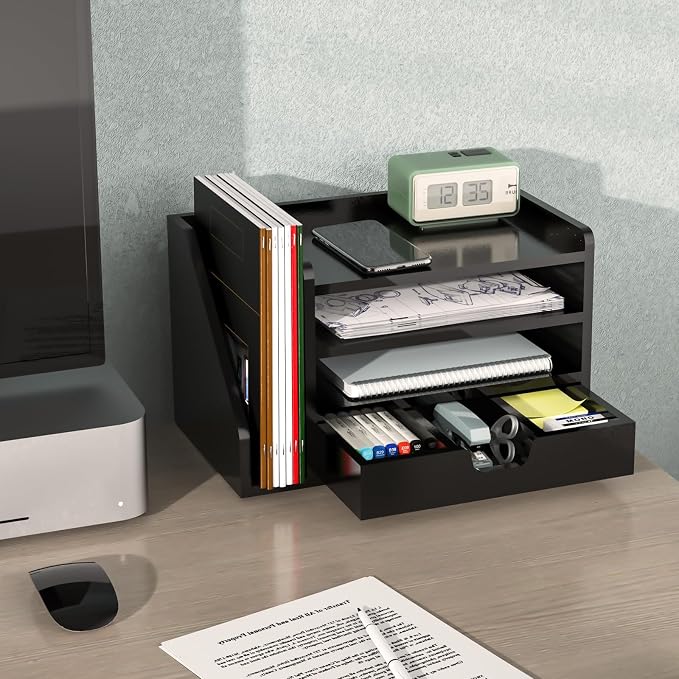 Multi-Tier Wood Desk File Organizer, 3 Tray Shelves & Adjustable Drawer - Space-Efficient Design for Efficient Office Setup, Reduces Desk Clutter (Black)