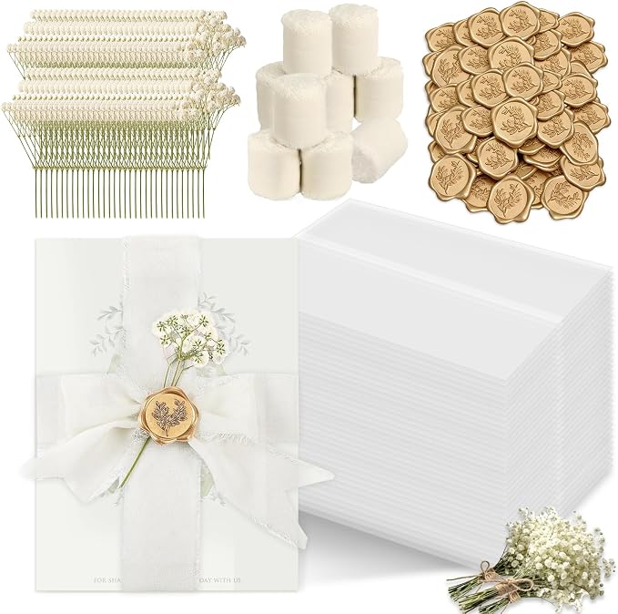 Wedding Invitation Accessories Kit, Pre-Folded Vellum Jackets for 5×7 Invitations with Wax Seal Stickers, Ribbon & Dried Flowers, Elegant Wedding Invitation Accessories for DIY Bridal Invites (Off-White, 100)