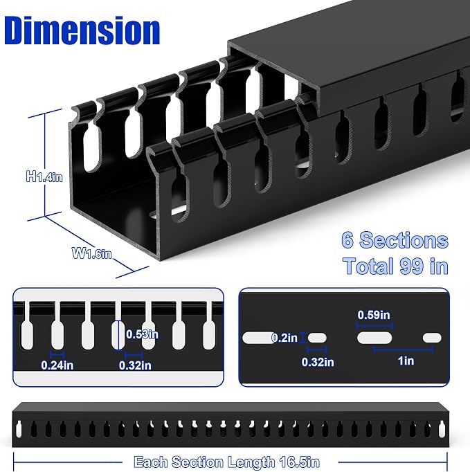 1.4"H x 1.6"W Cable Raceway, 99in Under Desk Wire Management Channel, Black | Slotted Wire Duct, 6Pack, 16.5in Each, Heavy-Duty PVC Cable Management for Server Racks, Network Cables & Electrical Cabinets