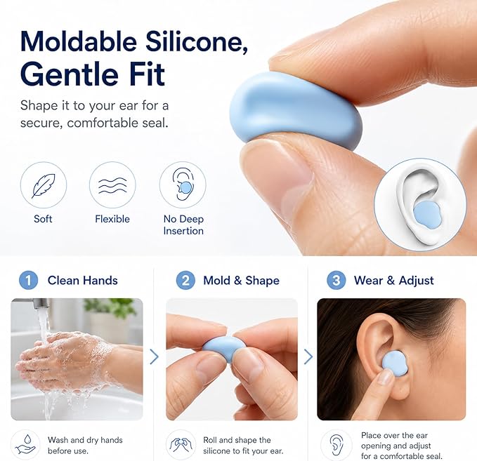 AITOLY Moldable Silicone Ear Plugs for Sleeping, Soft Reusable Noise Reduction Earplugs for Snoring, Side Sleepers, Small Ears, Swimming and Travel