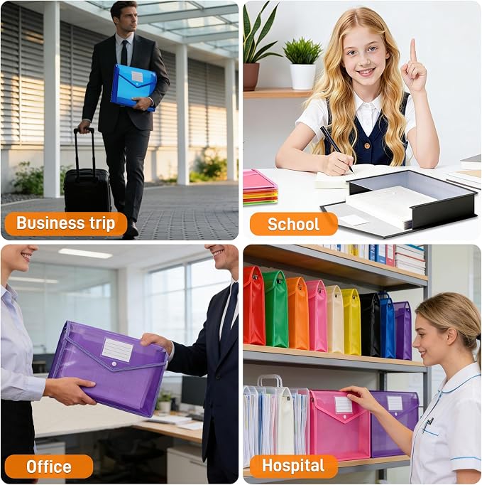 Plastic Expanding File Folder, Transparent Envelopes with Snap Closure | 10 Pack, No Dividers, Large Capacity, Assorted Colors, Fits Letter / A4 Size