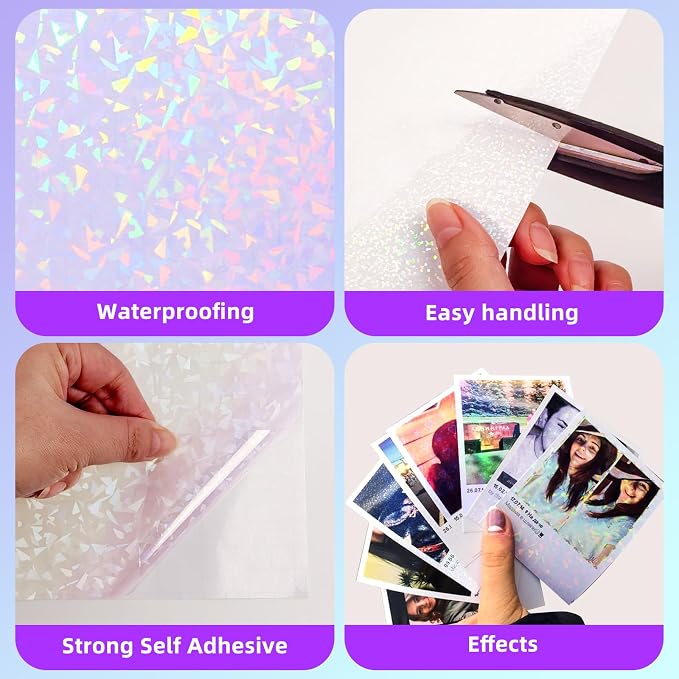 36 Sheets Holographic Laminate Sheets 8.5x11 inch 6 Patterns | Transparent Self Adhesive Holographic laminating Sheets, Clear Vinyl Waterproof Overlay for Sticker Paper, Photos, Crafts