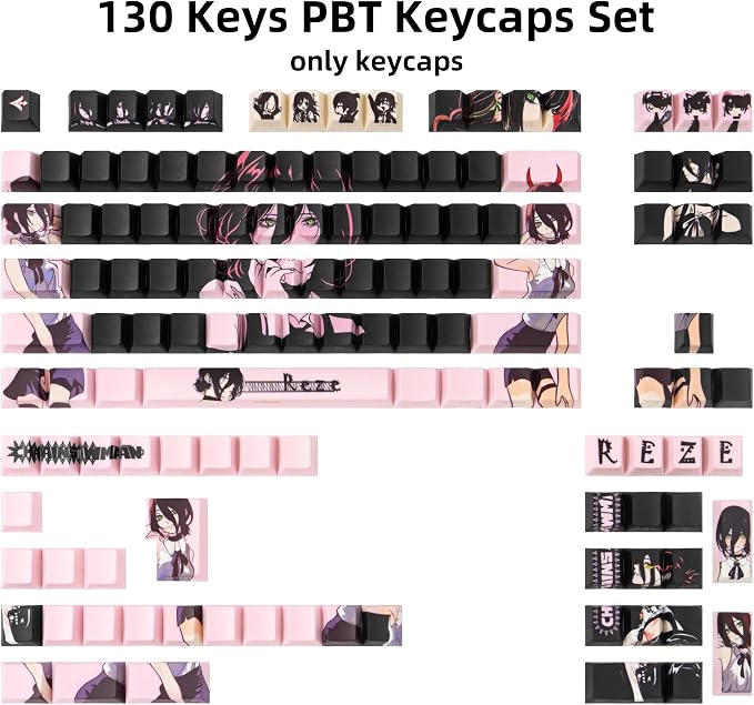 Purple Black Manga Japanese Theme Keycaps, PBT Keycaps 130 Keys Cherry Profile Dye - Sublimation Keycap Shine Through Custom Key Cap Set for Cherry Gateron MX Switches Mechanical Keyboard.