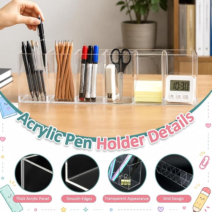 Mototo Acrylic Pen Holder Back to School 6 Compartments Pencil Organizer | Clear Pencil Cup Desktop Caddy Makeup Brush Storage Solution for Cosmetic Office Bathroom Kitchen Home Coffee Bar Container