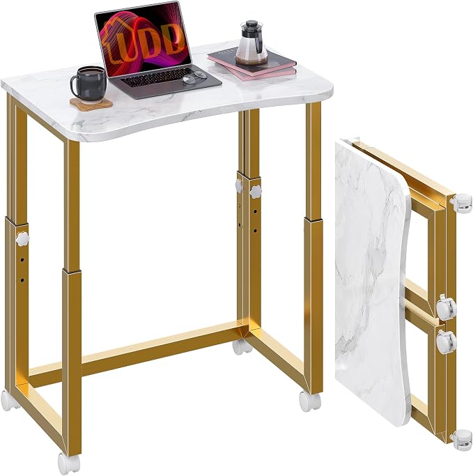 UDD No Tools Assembly Folding Desk, 23.6" Mobile Computer Desks with Wheels, Foldable Writing Fold Table, Portable Collapsible Work Craft Tables for Small Space Home Office Bedroom, White Gold