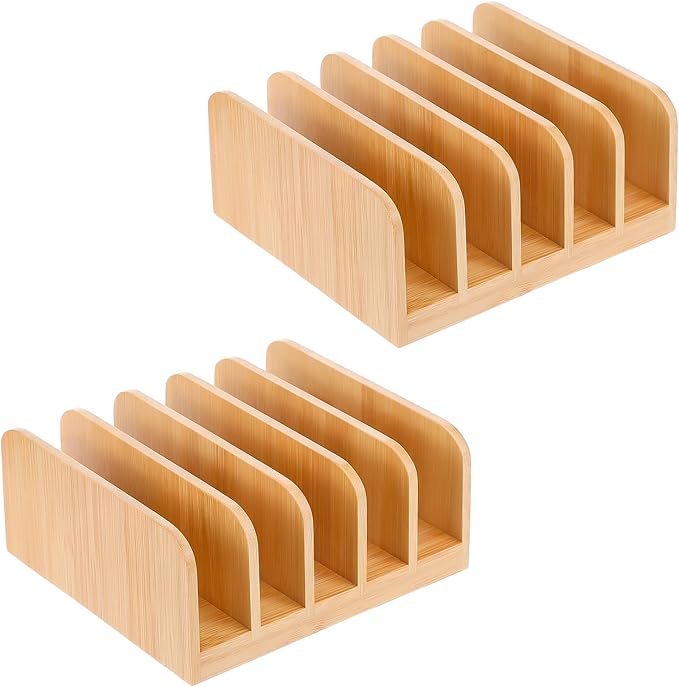 2Pcs Desk Mail Organizer with Divider, Bamboo File Holders, Vertical Letter Sorter for Desktop, Countertop Paper Organizer, 5 Compartments Envelope Holders for Bill, Document, Notebook