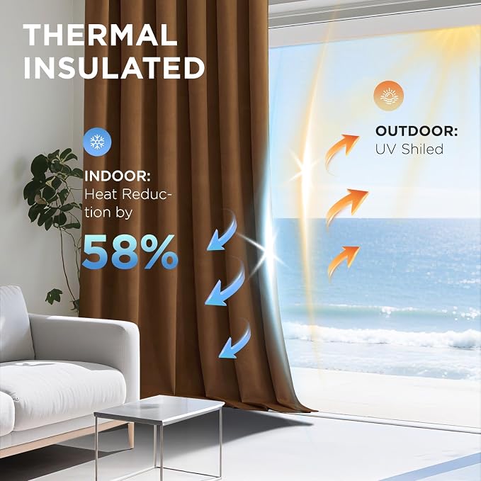 Joydeco Golden Brown 100% Blackout Curtains 96 Inch 2 Panels, Luxury Thermal Brown Velvet Curtains for Bedroom Living Room, Soundproof Blackout Window Drapes, Rod Pocket & Back Tab (52W x 96L)