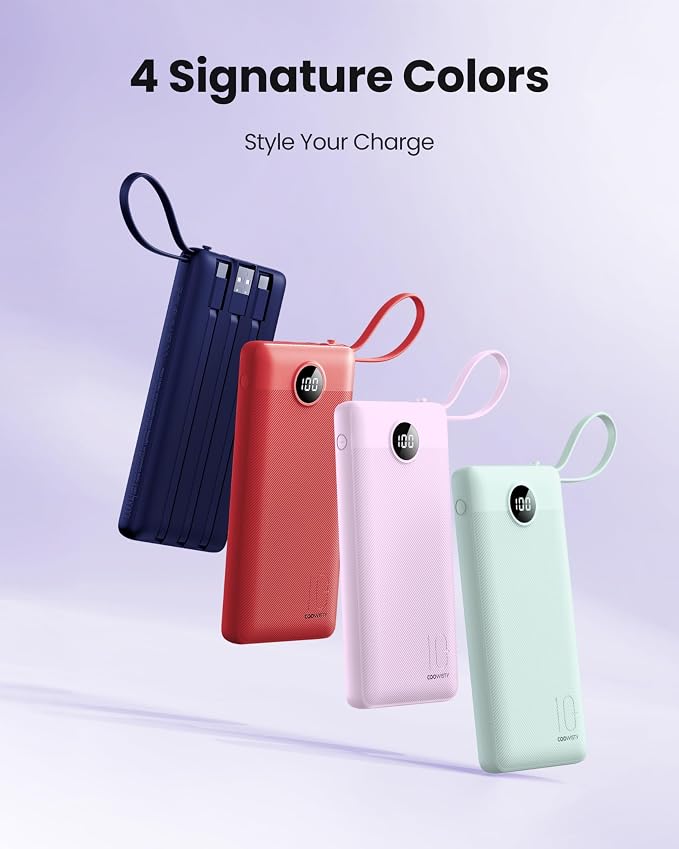 Portable Charger with Built-in Cable, 10000mAh Slim USB C Power Bank, External Battery Pack 5 Outputs 2 Inputs LED Display Compatible with iPhone/Android & More (Lavender)