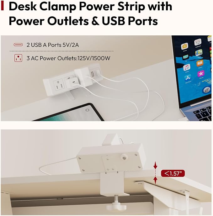 SANODESK Electric Standing Desk with Desk Clamp Power Strip 48"x 30" Whole-Piece Desktop Height Adjustable Stand Up Desk with Cable Management Sit Stand Home Office Desk White Frame/White Top