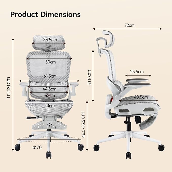 SIHOO B100 PRO Ergonomic Office Chair with Footrest, Mesh Office Chair with Adaptive Lumbar Support, Computer Chair with Wide Headrest, Desk Chair with 360° Rotatable Flip-Up Armrests, Light Grey