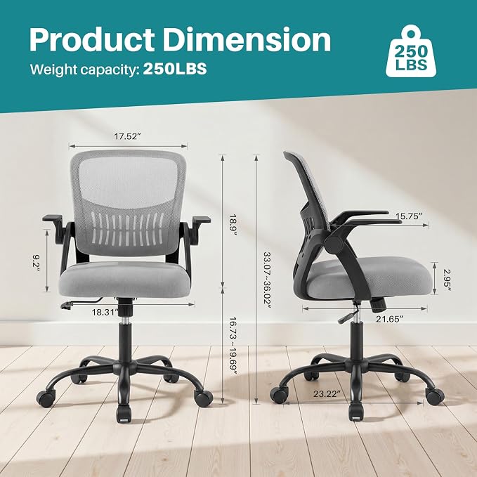 OLIXIS Ergonomic Office Desk Chair, Executive Mid-Back Computer Chair with Comfortable Lumbar Support & Rocking Mode, Height Adjustable with Flip-up Armrest, 360° Swivel, for Adults, Grey