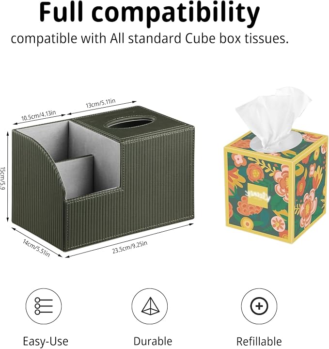 PU Leather Square Tissue Box Cover with Storage,Facial Tissue Box Holder | Multi-Functional Tissue and Remote Control Holder,Cube Tissue Box Organizer/dispenser for Bathroom,Nightstand,End Table Decor