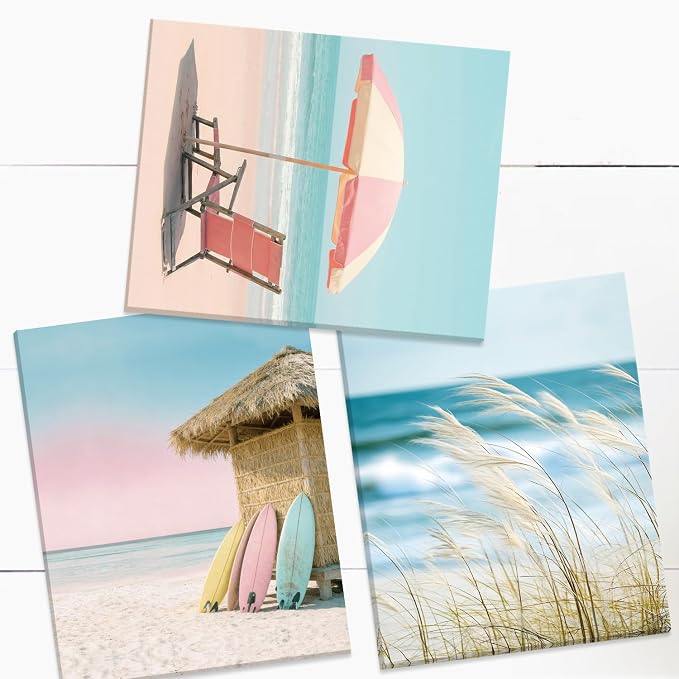 CHDITB Coastal Beach Pastel Framed Canvas Wall Art, Ocean Summer Scenery Artwork, Boho Seaside Cottage Wall Decor, Pink Sand Wave Beach Hut Art Prints For Living Room Bedroom Decor 8”x10”x6