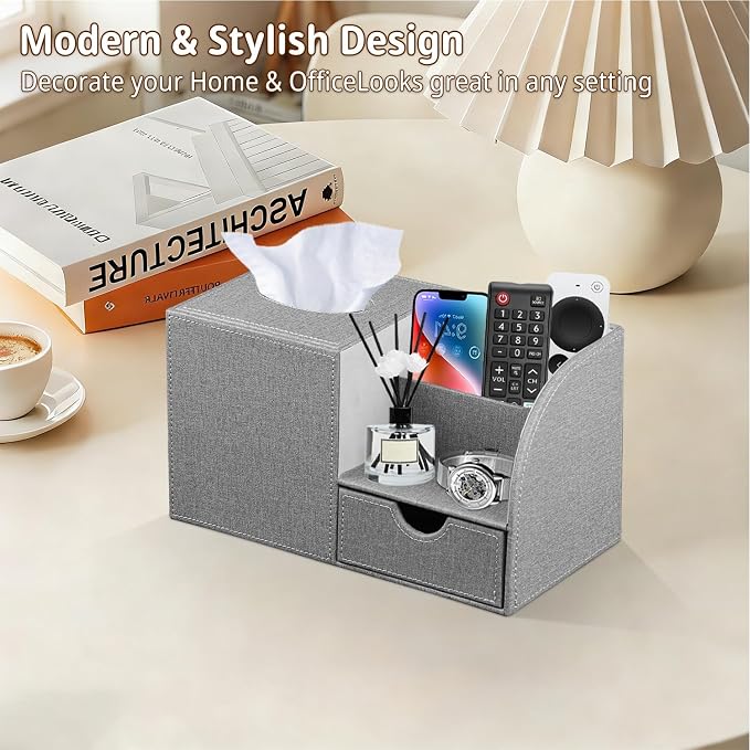 Nightstand Organizer with Tissue Holder,PU Leather Square Tissue Box Cover | Modern Facial Paper Organizer Storage Box for TV Remote Control,Bathroom,Vanity Countertop,End Table,Home and Office Decor