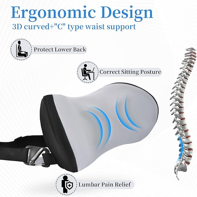 Lumbar Support Pillow for Office Chair - Lumbar Pillow for Car, Memory Foam Ergonomic Lumbar Support Pillow for Car Back Support for Office Chair
