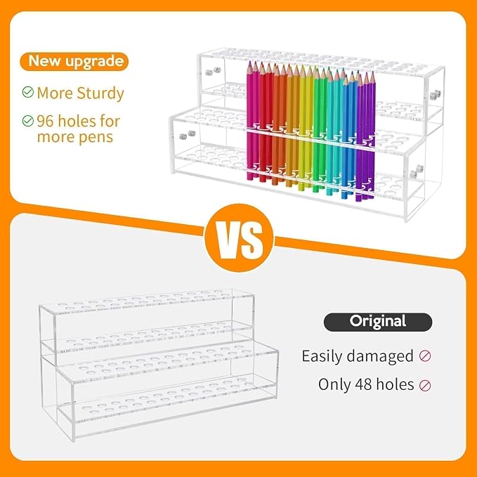 2PCS 96-Slots Pen Holder for Craft Shows,Acrylic Pen Display Stand 12mm Fountain Pens Stand Paint Brush Holder Pencil Organizer Makeup Brush Rack Art Brush Organizer for Back to School