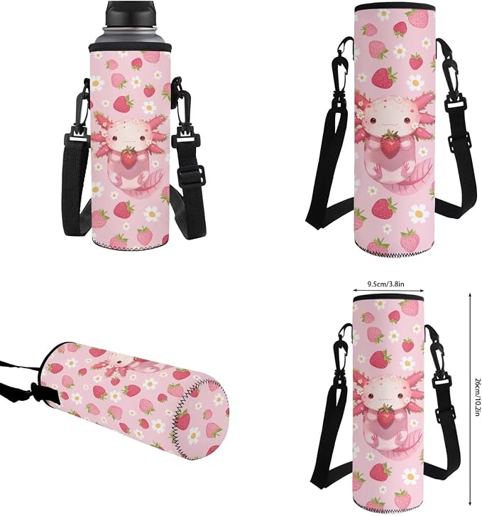 WELLFLYHOM Custom Name Axolotl Girls Backpack Set 6-8 Kids School Book Bag Lunch Box Pencil Case Water Bottle Sleeve Strawberry Daisy Elementary Daycare Bag for School Back to School Gift