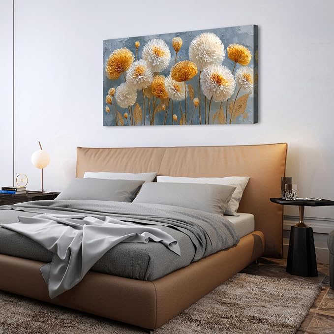 Abstract White Flower Wall Art Golden Floral Pictures Wall Decor Neutral Flowers Canvas Painting Boho Blossom Posters Print Nature Botanical Artwork Bedroom Living Room Home Decoration 30x60