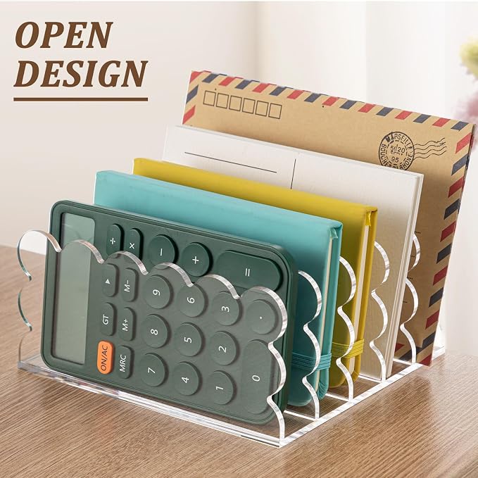 Clear Vertical File Organizer Acrylic File Holder Mails Letter Paper Envelope holder Stand Desk Organizer for Office Home School(5 Compartments,6.3 x 5.9 x 3 Inch)