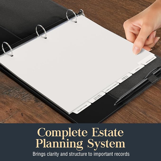 Estate Planning Leather Organizer Binder – Genuine Leather Estate Planning Portfolio, 3 Ring Round Ring Trust Binder with Tabs & Folder for Wills, Insurance & Legal Documents – Black Leather