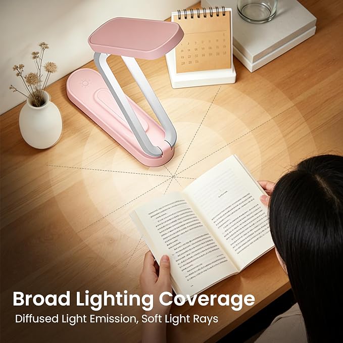 Rechargeable LED Desk Lamp, Foldable Portable Table Light with 3 Brightness Levels,Type-C USB Charging,Small Desk Lamp,Portable Bedside Wireless Reading Light,Home, Office, Nail Art,Craft,Pink