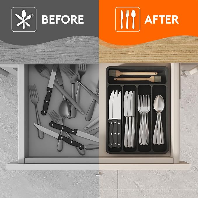 Lifewit Silverware Drawer Organizer Tray, Plastic Cutlery Storage for Kitchen, Flatware and Utensil Holder Divider for Spoons Forks Knives Tableware, 9.1 x 12.6", 5 Slots, Black