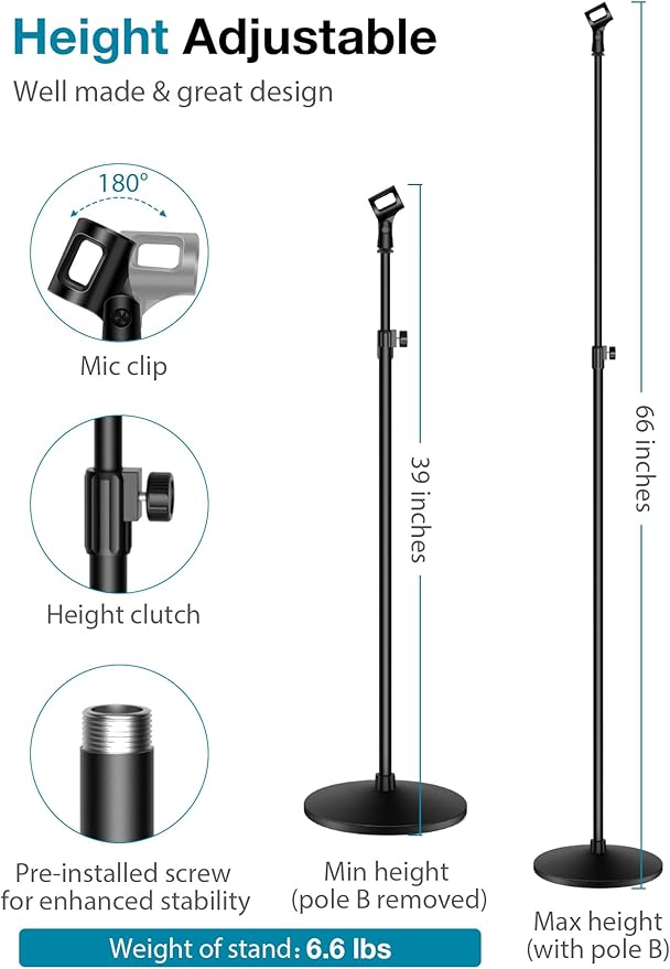 InnoGear Mic Stand, Max Height 66.34" Microphone Stand Floor Detachable Boom Mic Arm Stands with Weighted Round Base for Blue Yeti HyperX QuadCast SoloCast Shure SM58 Samson Q2U Fifine K669B, Large