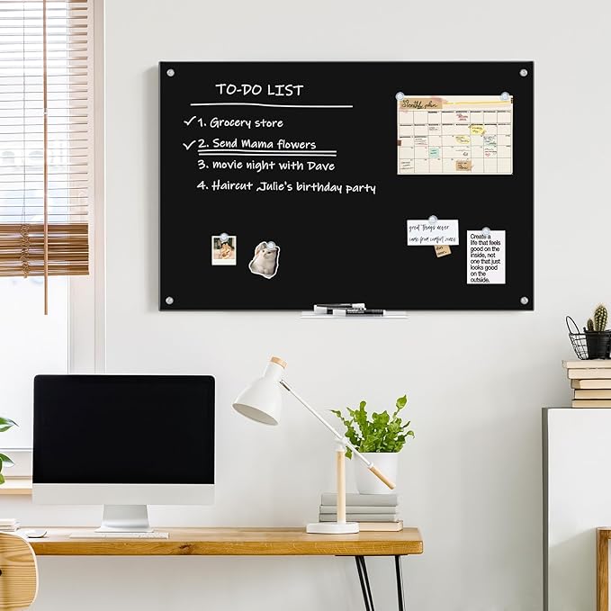 maxtek Magnetic Glass Dry Erase White Board, 36" x 24" Black Glass Board for Wall Mounted, Includes 6 Magnets with Marker Tray, 3 Markers and 1 Eraser for Classroom Home, Office Supplies