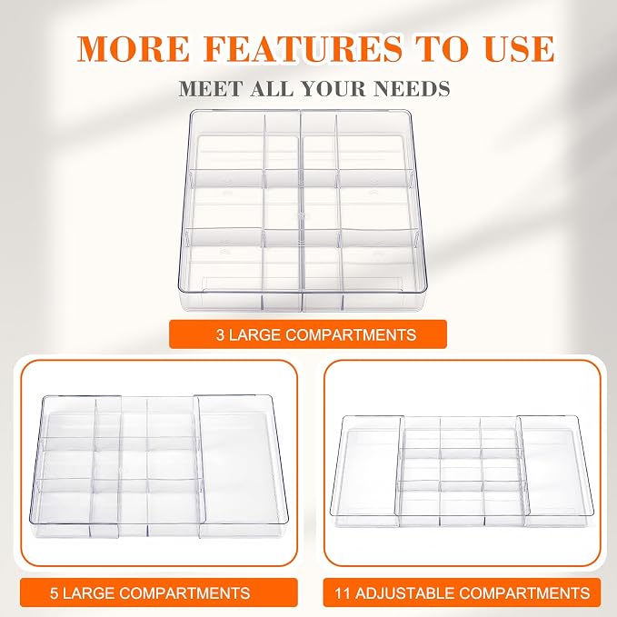 Briwooody 2 Pcs Large Expandable Acrylic Drawer Organizers, Grid Adjustable Drawer, Dividers Organizer for Desk, Makeup, Jewelry, Office, Kitchen Supplies (Transparent,11 Compartments)