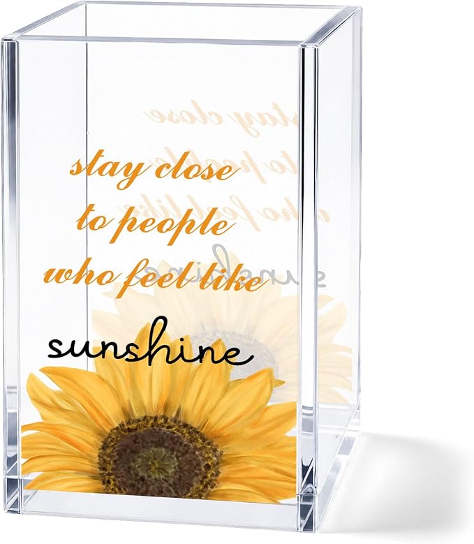 Acrylic Pen Holder Cup Farmhouse Desk Decor, Sunflower Pencil Holder Organizer, Rustic Office Accessories Gift for Women