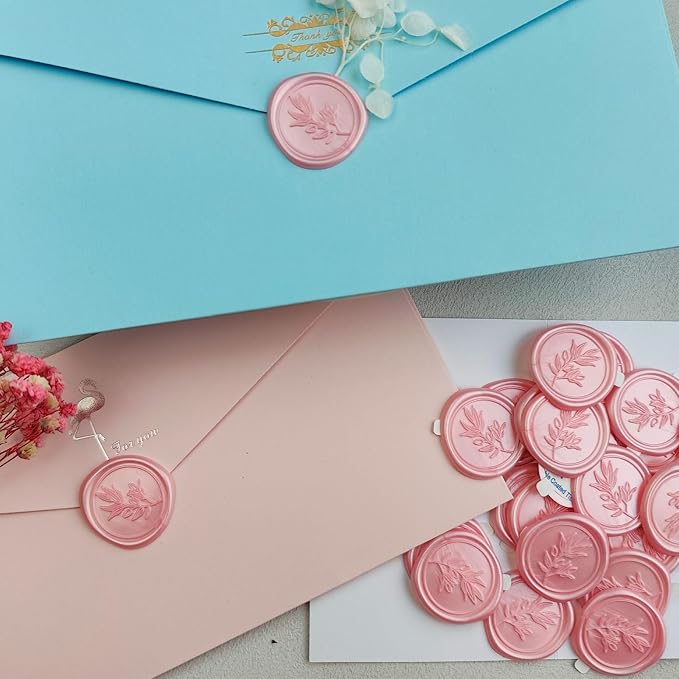 50Pcs Pink Self-Adhesive Wax Seal Stickers - Olive Branch Envelope Seal Stickers Perfect for Wedding Invitation, Envelopes, Wedding Invitation Accessories, Christmas Cards, Gift Wrapping