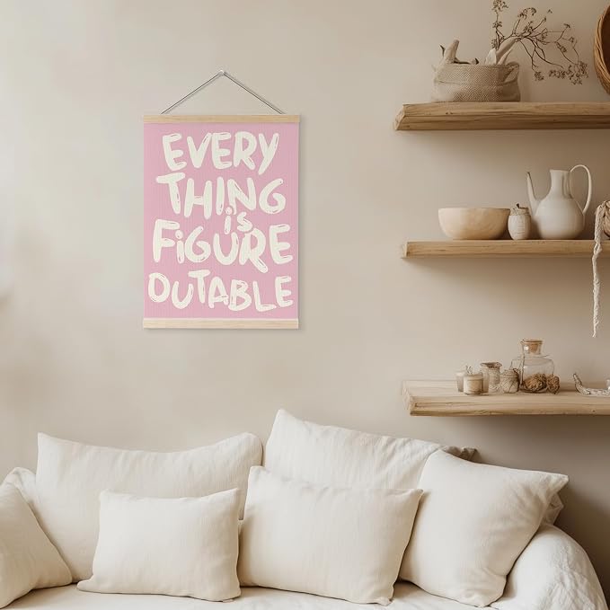 YQDEJ Everything is Figureoutable Inspirational Pink Wall Art Poster Hanger Frame, Pink Positive Affirmations Wall Decor, Motivational Wall Art for Home Office Classroom, 12x16 Inch