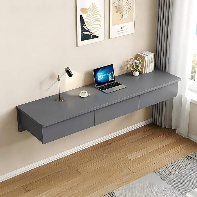 Floating Desk with Drawers, Wood Wall Mounted Desk, Floating Makeup Vanity, Space Saving, Sturdy and Stable, Floating Table for Living Room, Bedroom, Home, Office, Grey