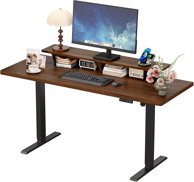 55 x 24 Inches Electric Standing Up Desk with Monitor Shelves,Height Adjustable Computer Desk from 28-46''with Memory Controller,Modern Home Office Desk for Work,Study,Walnut