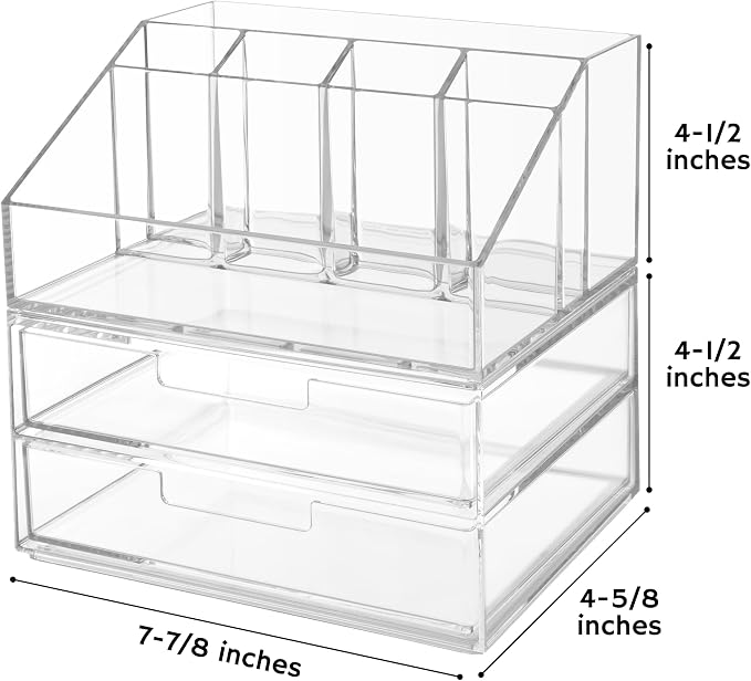 STORi Stackable Desk and Drawer Organizer, Clear Pen Pencil Makeup Brush Holder for Desktops and Vanities, 6 Compartment Caddy with 2 Wide Drawers (Made in USA)